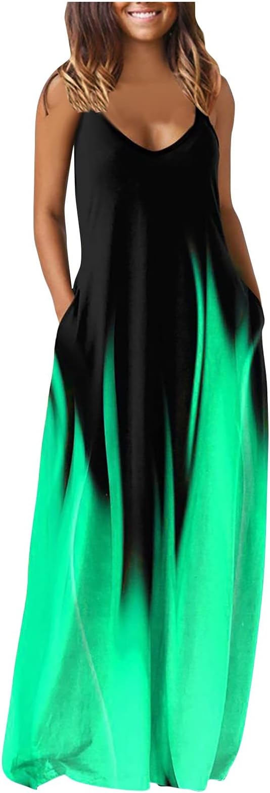 Womens Swing Round Neck Long Dresses Plus Size Solid Color Maxi Dress Flowy Sleeveless Dresses with Pockets