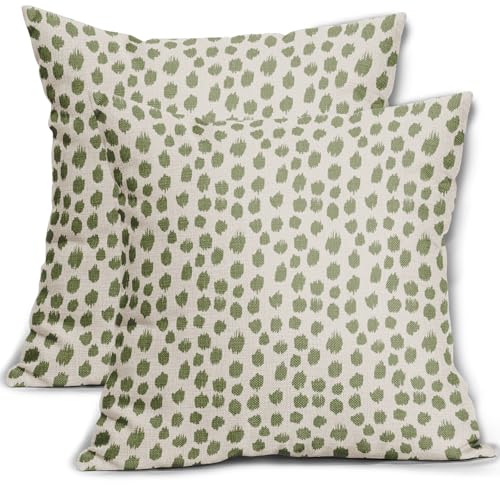 Sage Green Cream Polka Dot Pillow Covers 22x22 Set of 2 Outdoor Modern Art Throw Pillows Boho Design Brush Strokes Decorative Pillowcase Square Cushion Cover Linen Pillow Case for Home Sofa Couch Bed
