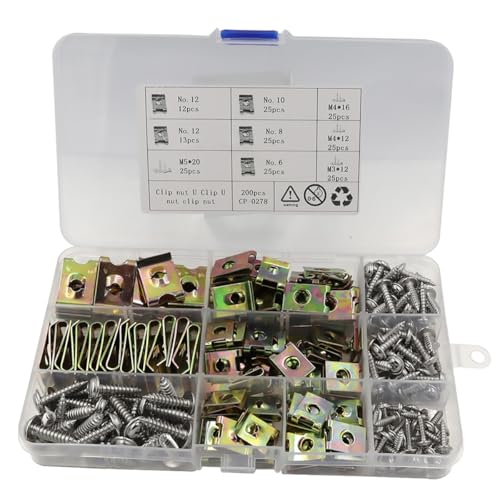 AIMALL 200pcs U Nut Clip and Self Tapping Screw Assortment Kit, Car Body Panel Speed Clips with U-Clip Nuts M3 M4 M5 for Auto Trim, Bumper, Motorcycle