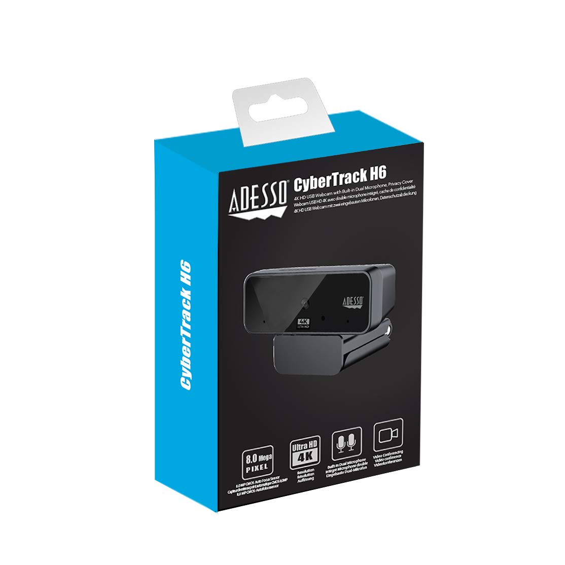 Adesso CyberTrack H6 Webcam USB 4K Ultra HD avec Microphone stéréo intégré et obturateur de confidentialité, Suppression du Bruit, PC/Ordinateur Portable/Mac/Tablette, Fonctionne avec Skype, Zoom,