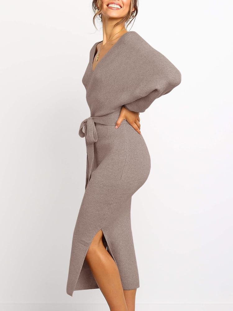 Saodimallsu Damen V-Ausschnitt Pulloverkleid Strickkleid Langarm Pullover Schlitz Offener Rücken Figurbetontes Kleid mit Gürtel für Herbst Winter