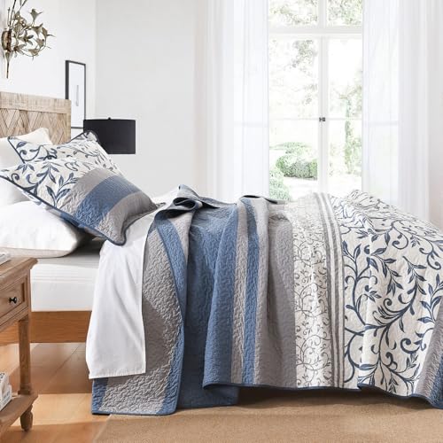 KALOOLA Farmhouse Botanical Quilts Queen Size - 100% Cotton Quilted Bedding Set 3 Pieces, Vine Striped Pattern Bedspread Coverlet with 2 Pillow Shams, Lightweight Comforter for All Season, Blue/Grey — view 3