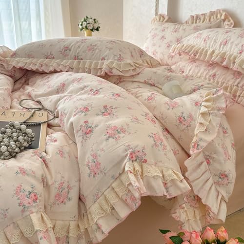 Image of VM VOUGEMARKET Lace Ruffled Duvet Cover Set Twin,Vintage Pink Rose Flower Bedding Set,Double-Layer Gauze Cotton Soft,Breathable & Lightweight for Girls-68 x86