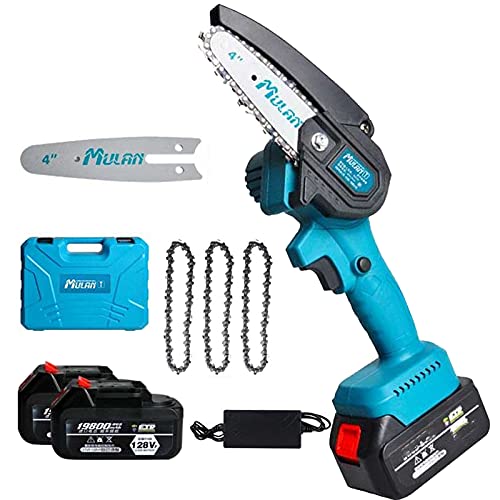 LDMY Mini Elektrische Kettensäge Akku Akku Wiederaufladbare Power 4-Zoll-Kettensäge Spritzschutz & Sicherheitsschalter Taste, für Courtyard Tree Branch Holzschneiden (2 Batterien und 3 Kette)