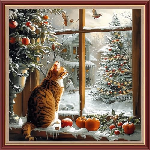 Image of Fanxvivy Stamped Cross Stitch Kits for Beginners Full Range of Cross Stitching Preprinted Embroidery Kits for Adults, 11CT Embroidery Pattern Needlepoint Kits-Cat Snowy Scenery 18x18 inch