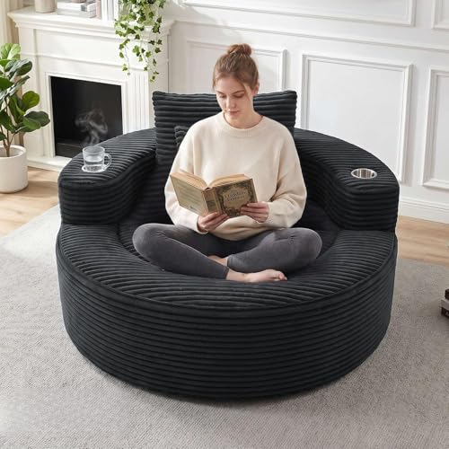 Image of Trustyue Boneless Couch,Comfy Fluffy Sofa Bed,Upholstered Sleeper Sofa with Cup Holder and Throw Pillows,Corduroy Plush Cloud Lounge Chair