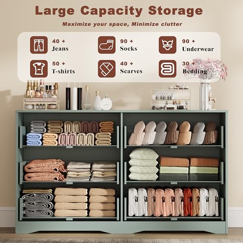 Image of Fluted 6 Drawer Dresser for Bedroom, 55 inch Wide Modern Wooden Chest of Drawers with Metal Handles, TV Stand & Closet Storage Organizer for Living Room,Hallway, Green