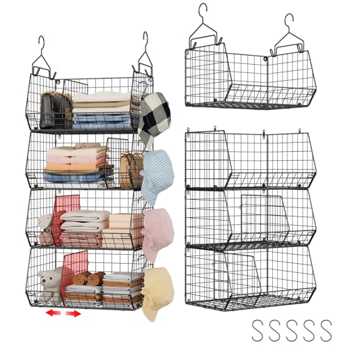 Jautokerdar 4 Tier Hanging Closet Organizer with Dividers,Extra Large Storage Hanging Shelf with 5 S Hooks 4 Dividers,Hang on Wire Closet Shelving Clothes Organizer-Black