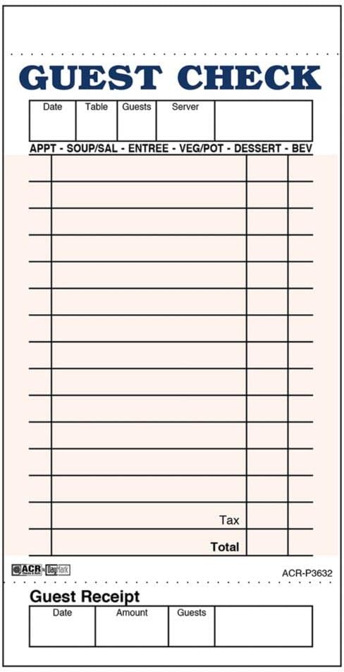 Pink 1-Part Board 15-Line Guest Check