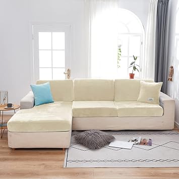 Jonuiony Wear-Resistant Universal Sofa Cover, Stretch Velvet Separate Couch Cushion Slipcovers, L Shape Sofa Chaise Covers for Both Left/Right Sectional Couch ProtectorBeige,Large 4 Seat