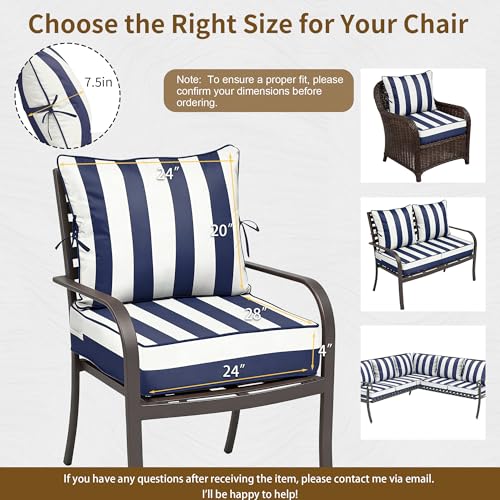 Image of 24x28 Outdoor Chair Cushions Set of 4, Waterproof Deep Seat Cushions for Patio Furniture with Removable Cover, Fade Resistant 4'' Outdoor Seat Cushion with Ties&Handle for Sofa Loveseat,Blue Stripes