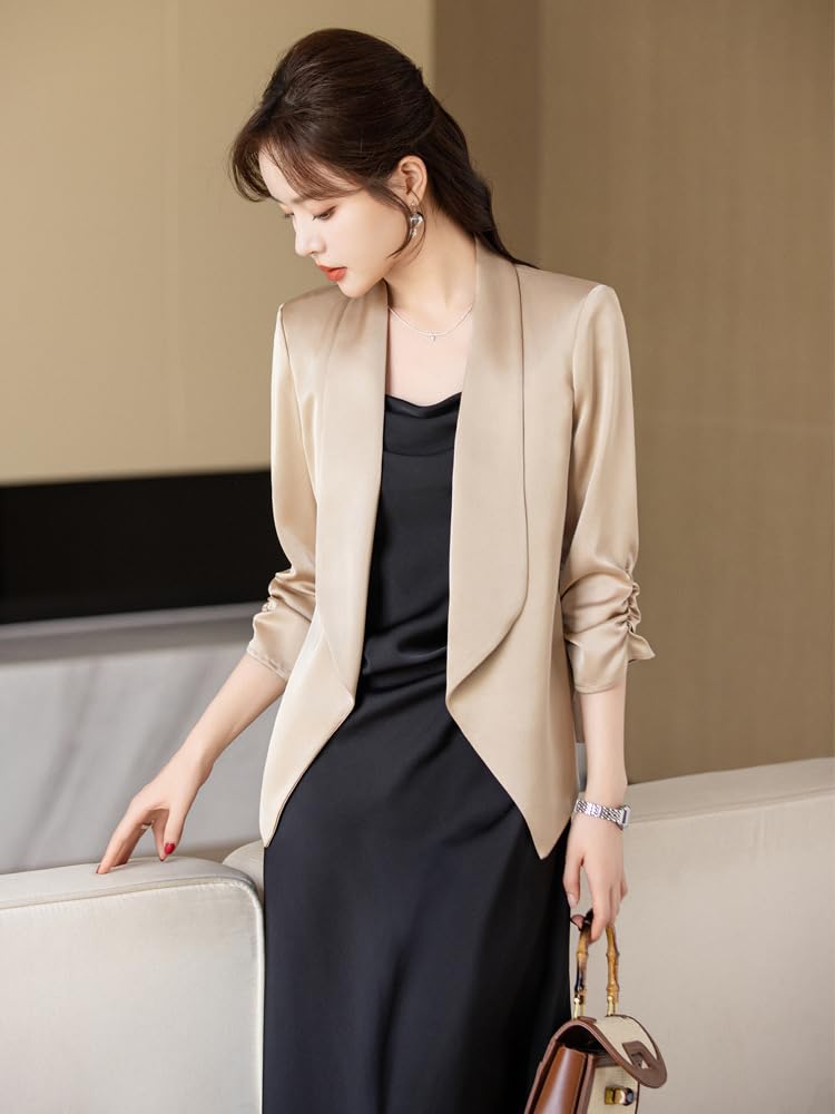 Blazer Estivo Leggero da Donna, Color Champagne, in Raso di Seta, con Maniche Arricciate A 3/4, Collo A Scialle, Giacca da Abito Aperta sul Davanti, vestibilità Slim Fit, Top da Lavoro E D