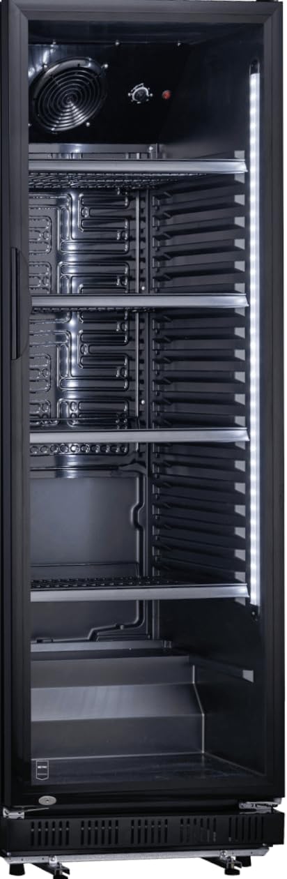 METRO Professional Frigorifero per bevande in acciaio/alluminio, porta in vetro con serratura e chiave, 4 ripiani regolabili, 180 W, illuminazione a LED (Nero, 347 L)