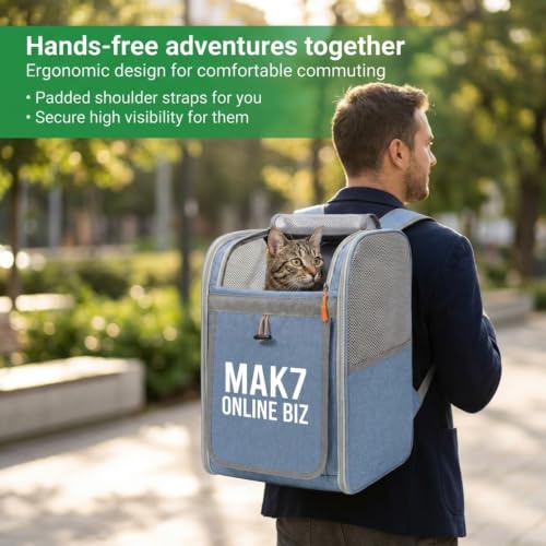 Image of MAK7 Pet Carrier Backpack for Cats, Small Dogs and Puppies, Breathable Mesh Travel Bag with Built-in Safety Leash and Thick Stable Base Pad, Blue
