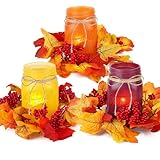 Fall Mason Jar Centerpieces for Tables – Thanksgiving Table Decorations with Autumn Leaves & Berries, Autumn Candle Holder Wreath Rings, Fall Taper Candle Rings for Dining Table