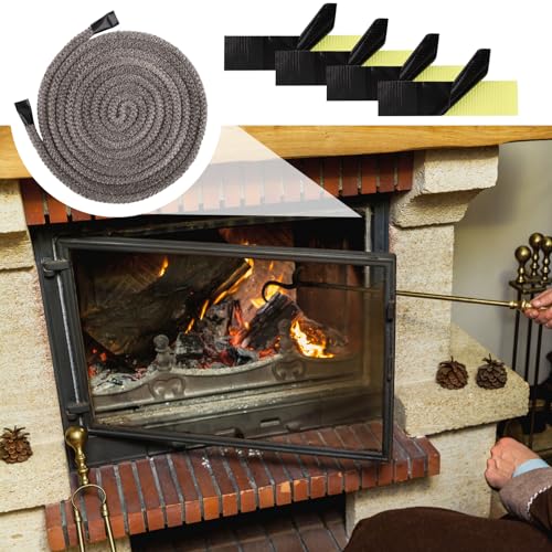 Dichtungsseil Kamin, 2,5m x 8mm Holz Kaminofen Türdichtung mit 4 Dichtungsbändern für Seilende, Fiberglas Dichtung Ofentür Dichtungsseil für Kamine Holzofentüren