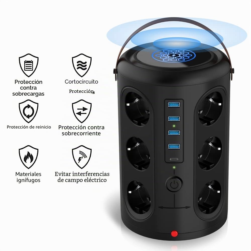 Kavolet Regleta Vertical, Regleta Enchufes Proteccion Sobretension con 12 Tomas y 4 Puertos USB y Carga inalámbrica (2500/10A), con Protección de Sobrecarga y Sobretensiones, Cable de1.8M