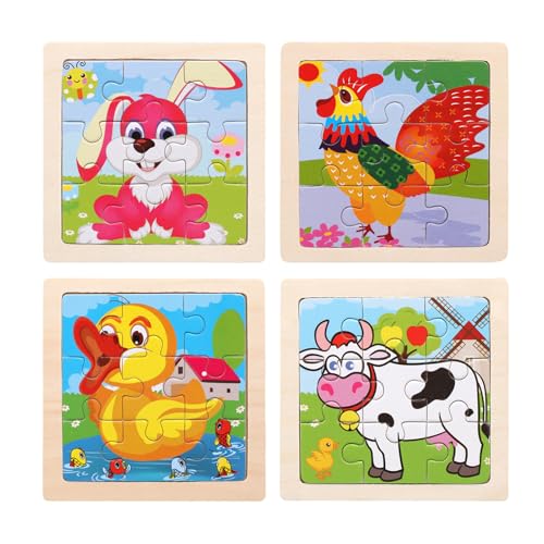 木製パズル 型はめパズル 4枚セット 6種類シリーズ 知育玩具 木製のジグソーパズル 脳トレ 積み木 形合わせ モンテッソーリ玩具 色認知 形認識 早教発育 注力訓練 暇つぶし 祝日 新年 誕生日 ギフト 赤ちゃん 子供 (オンドリ+アヒル+ウサギ+乳牛)