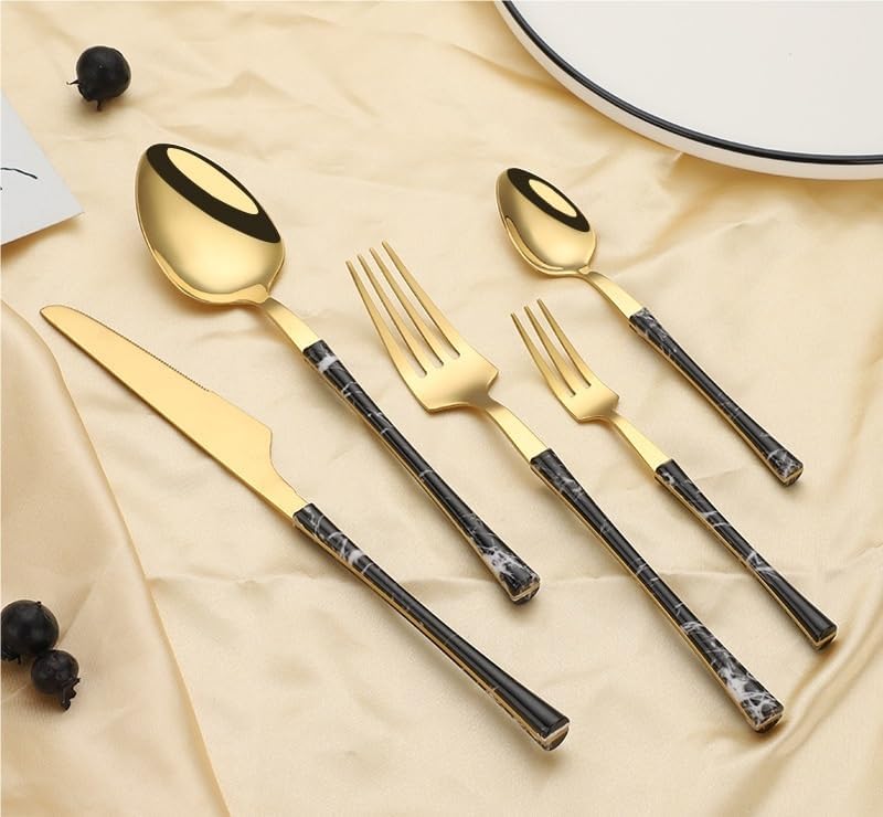Silverware Flatware Cutlery Set， 5/20/30/40/50/60pcs Stainless Steel Cutlery， Fork and Spoon， Imitation Wooden Handle，Black/Silver-6Set