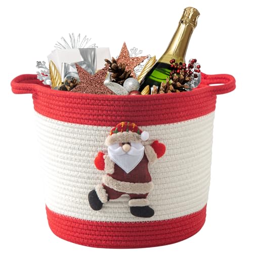 Image of Christmas Basket with Santa Claus Doll, Woven Cotton Rope Christmas Storage Basket with Handles, Christmas Toy Baskets for Towels, Diapers, Red