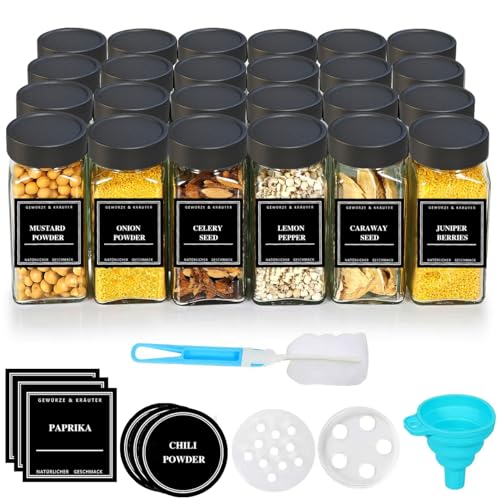 CoolNovel® Lot de 24 pots à épices rectangulaires et étanches à l'air avec couvercles en métal noir mat, étiquettes et inserts à saupoudrer, 120 ml, avec entonnoir et brosse de nettoyage
