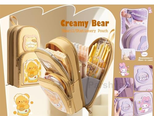 Image of WORSHIPER 6 Layer with 3 Compartment Premium Canvas Pencil Pouch for School Girls and Boys, Cute Aesthetic Stationery Items Kit Case, Large Capacity Stationary Pencil Pouch (Creamy Bear)
