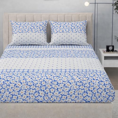 Image of Cotton Feel King Size Flat Bedsheet for Double Bed (90 x 100 Inches | 230 x 250 cm) with 2 Pillow Covers | Soft & Smooth Printed Bedsheet for Daily Use (White Lily, King Bed-90x100)