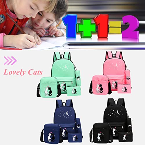 4Pcs Cute Cat Prints Canvas Primary School Bag Rucksack Backpack Set For Girls Elementary Bookbag #TOP1