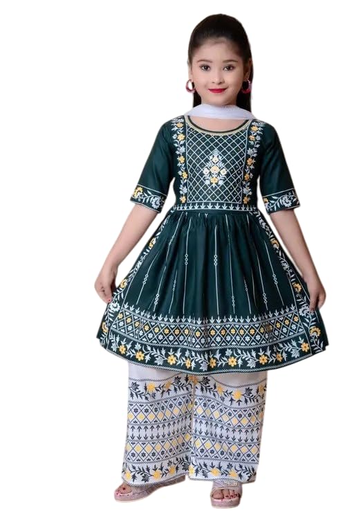 Image of Girls Traditional Embroidered Kurta Palazzo Set, Green and White, Floral Design, Half Sleeves