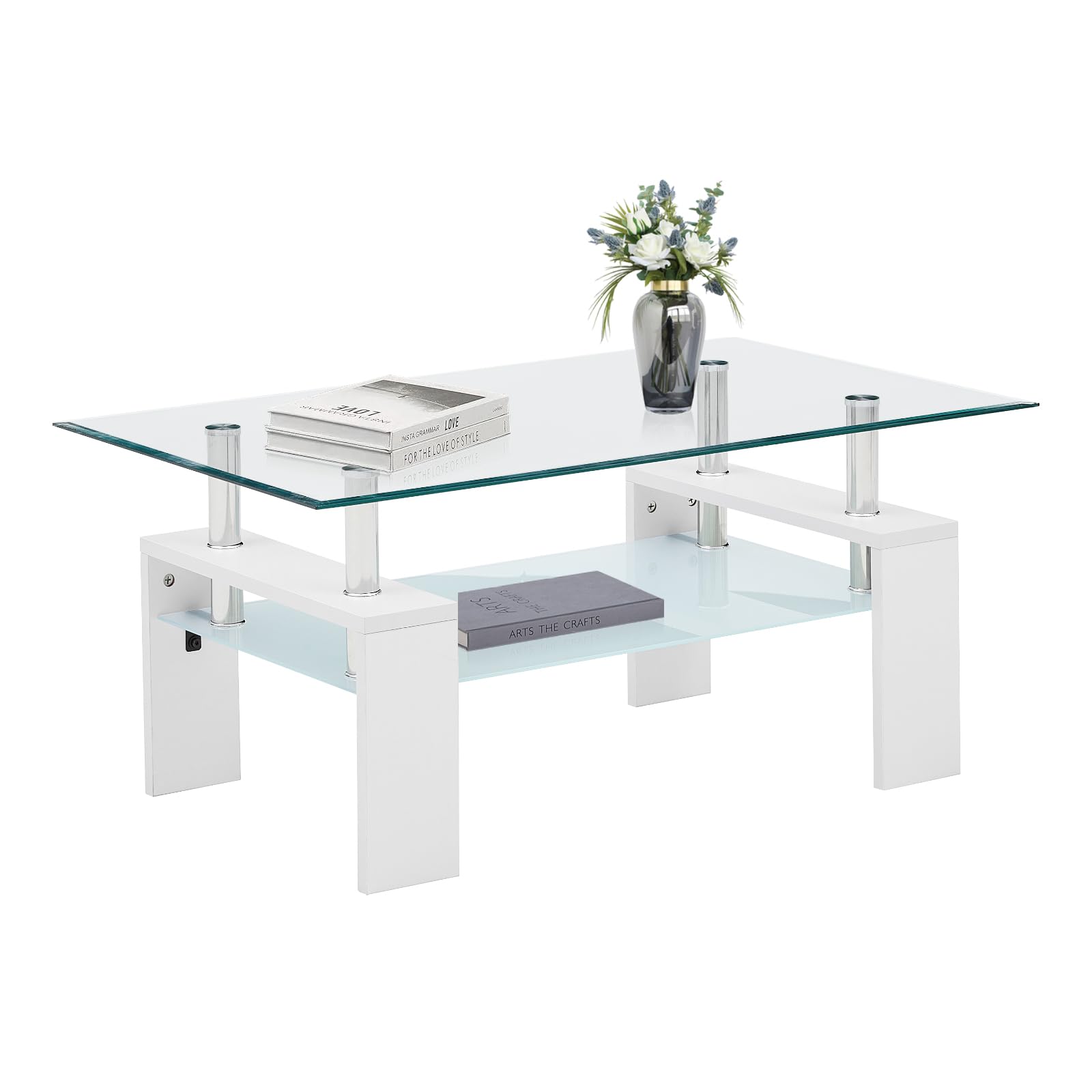 TUKAILAi Modern Rectangle Coffee Table, Tempered Glass Center Table with Open Storage Shelf, Side End Table with Lower Shelf for Living Room Guest Reception Room (White)