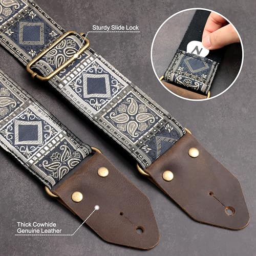 Image of Nefelibata Guitar Strap,Crazy Horse Leather Jacquard Embroidery Cotton Guitar Straps for Bass, Electric & Acoustic, Best Gifts for Guitarists(Bohemian Dark Blue Chequered)