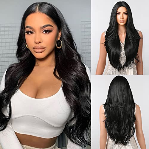 Black Wigs For Black Women Long Body Wave Middle Part Wig With Lace In Forehead Wig Glueless Natural Hairline Synthetic Heat Resistant Wig #TOP8