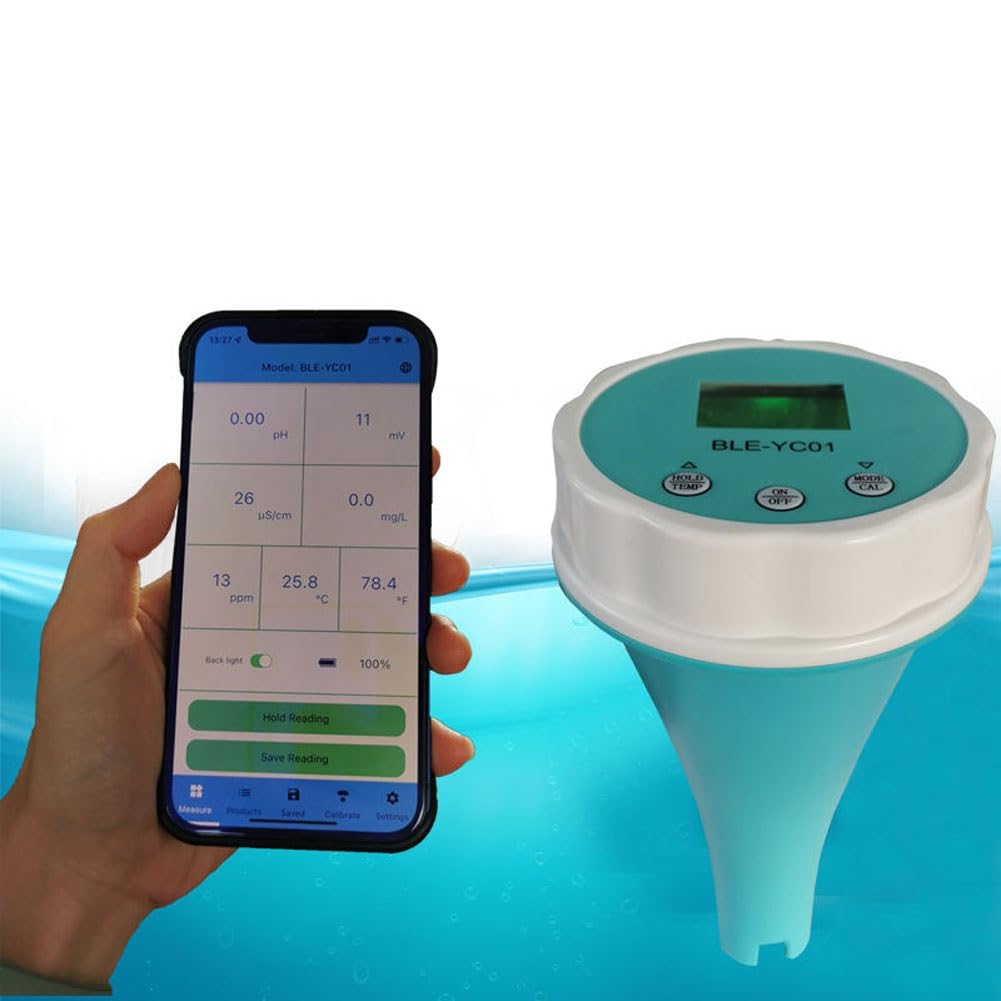 Probador de calidad del agua de la piscina Monitor de piscina Bluetooth Cloro de temperatura digital, termómetro de piscina 6 en 1, temperatura PH CL EC TDS ORP for piscina, acuario, laboratorio
