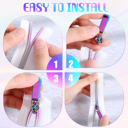 Oqqlin #5 Rainbow Zipper Tape by The Yard, 10 Yards White Nylon Rainbow Teeth Zippers with 24 Pcs Colorful Metal Pulls (12 Styles) for DIY Sewing Purses, Bag, Crafts