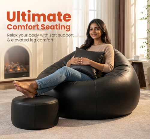 Image of Sattva Classic 4XL Bean Bag Chair with Beans Filled | Faux Leather Sofa Style Beanbags Combo with Footstool & Cushion | Comfortable Bin Bags Sofa for Adults & Home Office Seating - Black