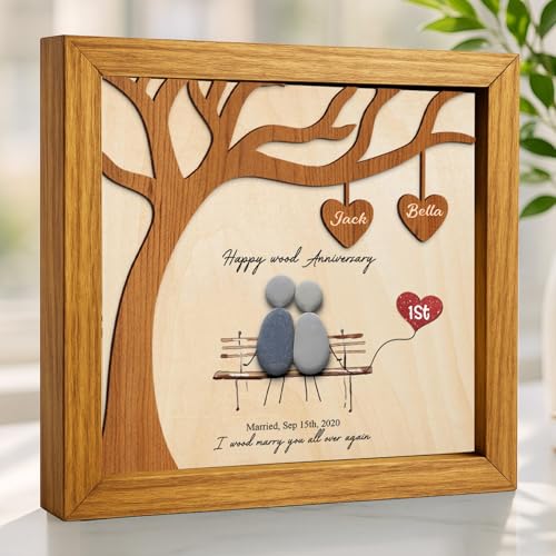 vinatimes Personalized Couple Frame with Natural Pebble, Romantic Wood Anniversary