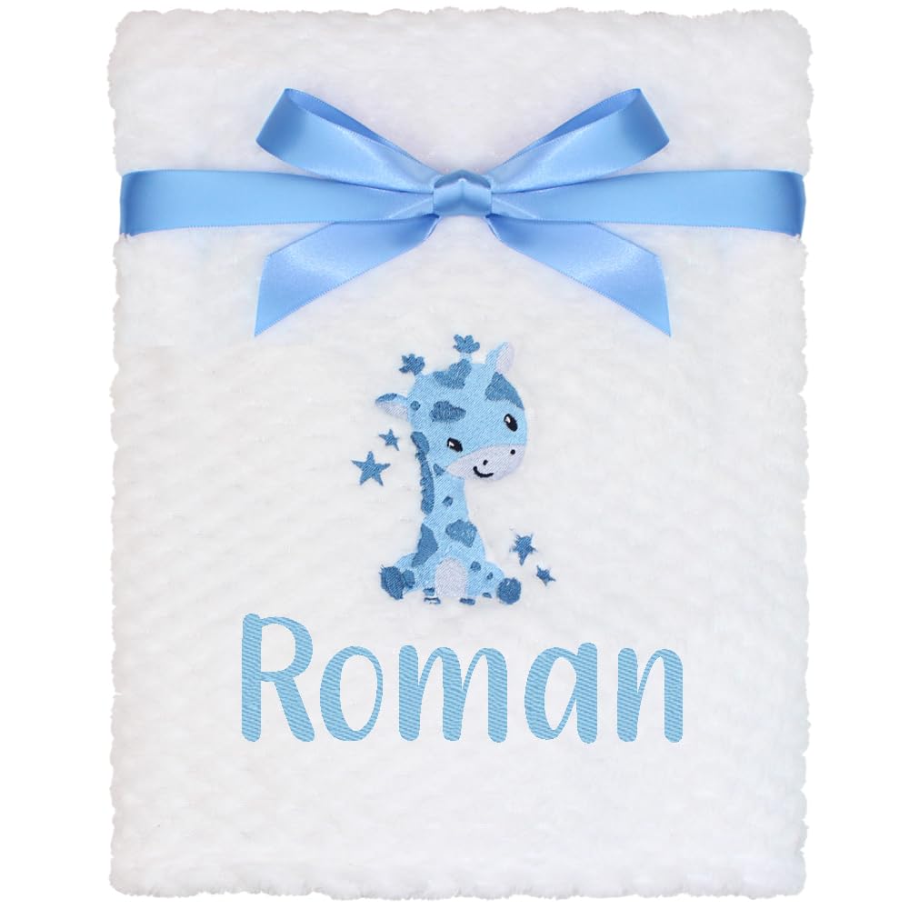 TeddyT's Personalised Baby Giraffe Embroidered White Waffle Blanket (Blue Embroidery)