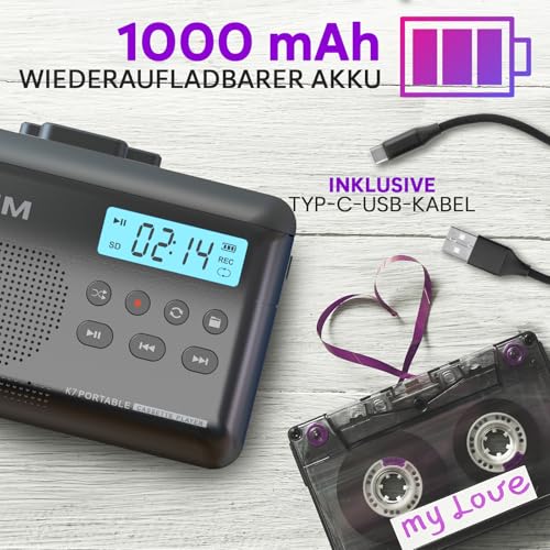Kassettenspieler - Kassettenrekorder - Cassette Player - Kassetten Digitalisieren - Tragbarer Kassettenrekorder - Mikrofon & Lautsprecher - Wiederaufladbarer Akku - 16GB SD-Karte - Asche