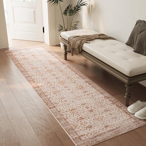 Vintage 2x6 Washable Runner, Low-Profile Kitchen Runner Rug with Non-Slip Backing & Durable Edge Binding, Pet-Friendly Entryway Rug for Bedroom & Hallway