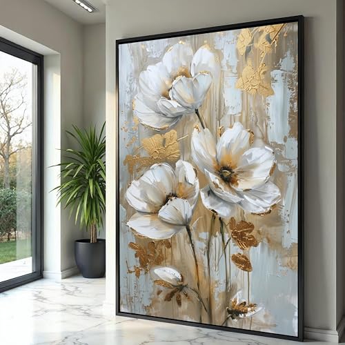 Toile fleurs blanches dorées 50x75 pour illuminer un mur sombre