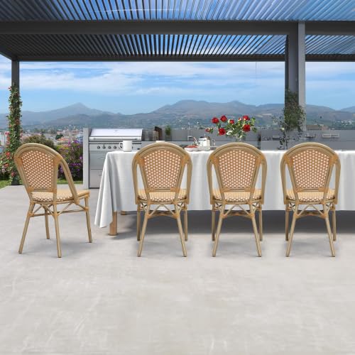 Image of PURPLE LEAF Outdoor Dining Chair Set of 4 Patio French Aluminium Frame in Champagne Finish with Amber & White Woven Rattan for Indoor Kitchen Deck Bistros Cafe Restaurant