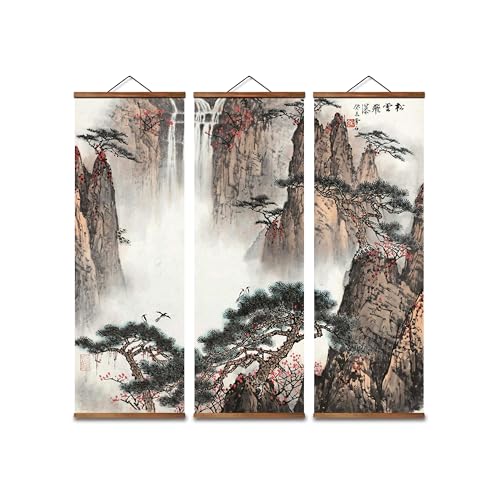 jszip Traditional Chinese Mountain Landscape Scroll - 3 Panel Hanging Wall Art Set, 31.89x11.82 Inch, Black Walnut Frame, Asian Zen Home Decor for Living Room
