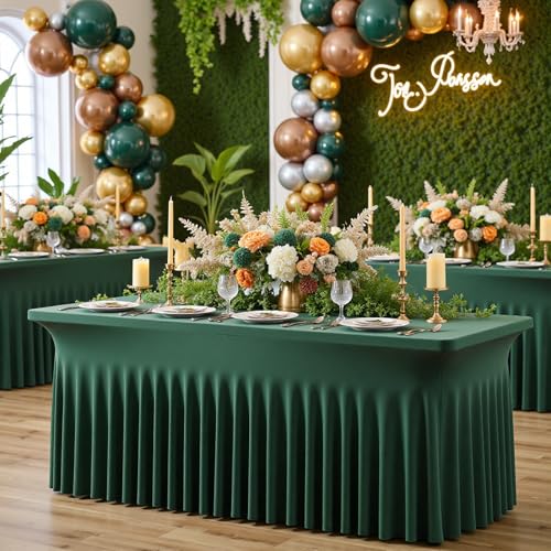Image of 6 pk Hunter Green Spandex Tablecloth 8ft With Ruffle Table Skirt, Wrinkle Free Stretchy Fitted Tablecloths for 8 Foot Rectangle Tables, Elastic Spandex Table Covers for Weddings Parties Banquet Craft