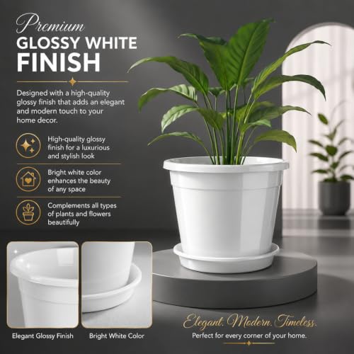 Image of 12 Inch Glossy White Plastic Planter with Bottom Plate | Heavy Duty Flower Pot with Tray for Indoor Home Decor, Balcony, Living Room & Outdoor Garden (10 Pot, White)
