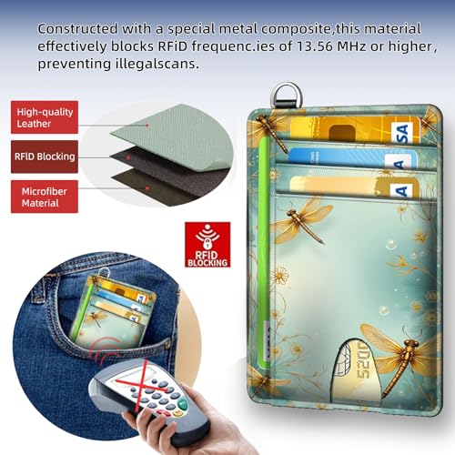Slim RFID Blocking Wallet Minimalist Front Pocket Card Holder, Golden Dragonfly on Light Blue Secure Leather Credit Card Case with Security Pockets for Men and Women4