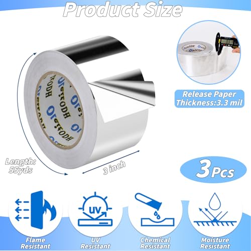 Image of Oleitodh 3 Pack Aluminum Foil Tape Bulk - 3 Inch x 55 Yards - 3.3mil Heavy Duty Metal Duct Tape, Aluminum HVAC Tape for Sealing & Patching, Air Ducts, Insulation Metal Repair, Professional Grade