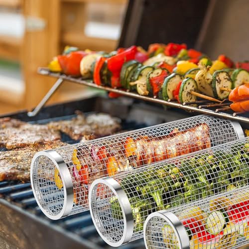 mancola 3 Stück Rolling Grillkorb - Zylindrischer Grillkorb - Edelstahl Rollender Grillkorb - BBQ Grillzubehör für Camping - für Outdoor Holzkohlegrill, Grillhalter für Pommes, Fisch, Garnelen，Gemüse