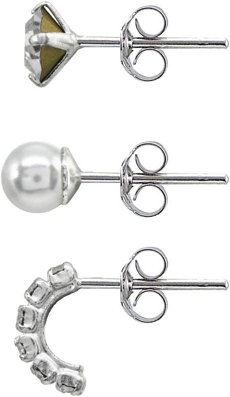 Sterling Silver Round 5mm Clear, Simulated Pearl & Clear Half Hoop 3 Pair Stud Earrings Box Set