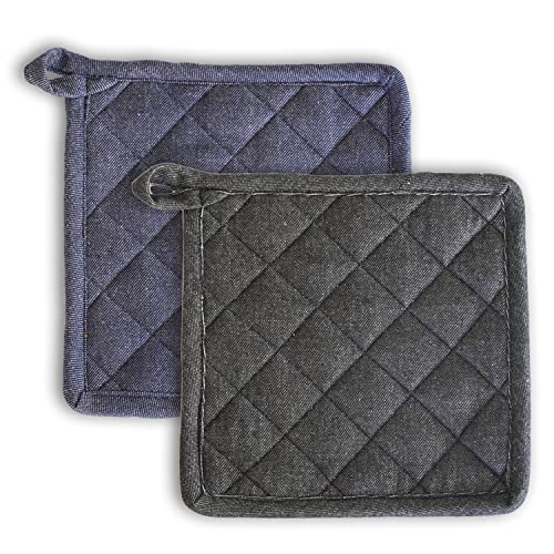 Image of 2 Pot Holder Heat Resistant Cotton Hot Pad or Pot Stand for Kitchen Cooking & Baking | Quilted Thick Fabric, Easy Grip, Hanging Loop (Blue and Grey)