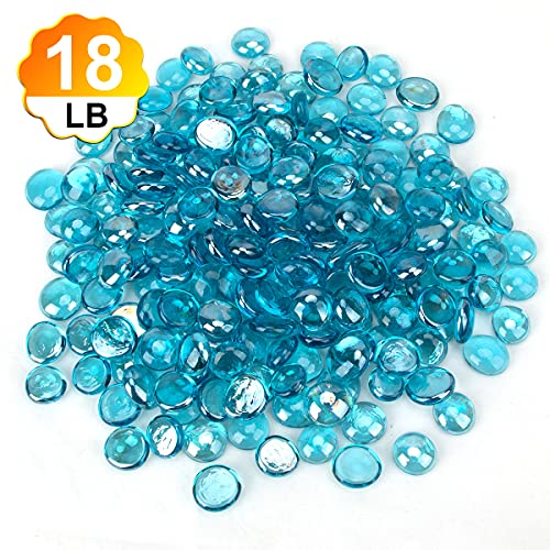Cfkj [18 Pound] Fire Glass Beads Flat Glass Beads Fireglass Drops For Gas Fire Pit Fireplace Azure Blue Luster Reflective Decorative Glass Gems For Vase Fillers Fish Tank Aquarium Decoration (18.5) #TOP1